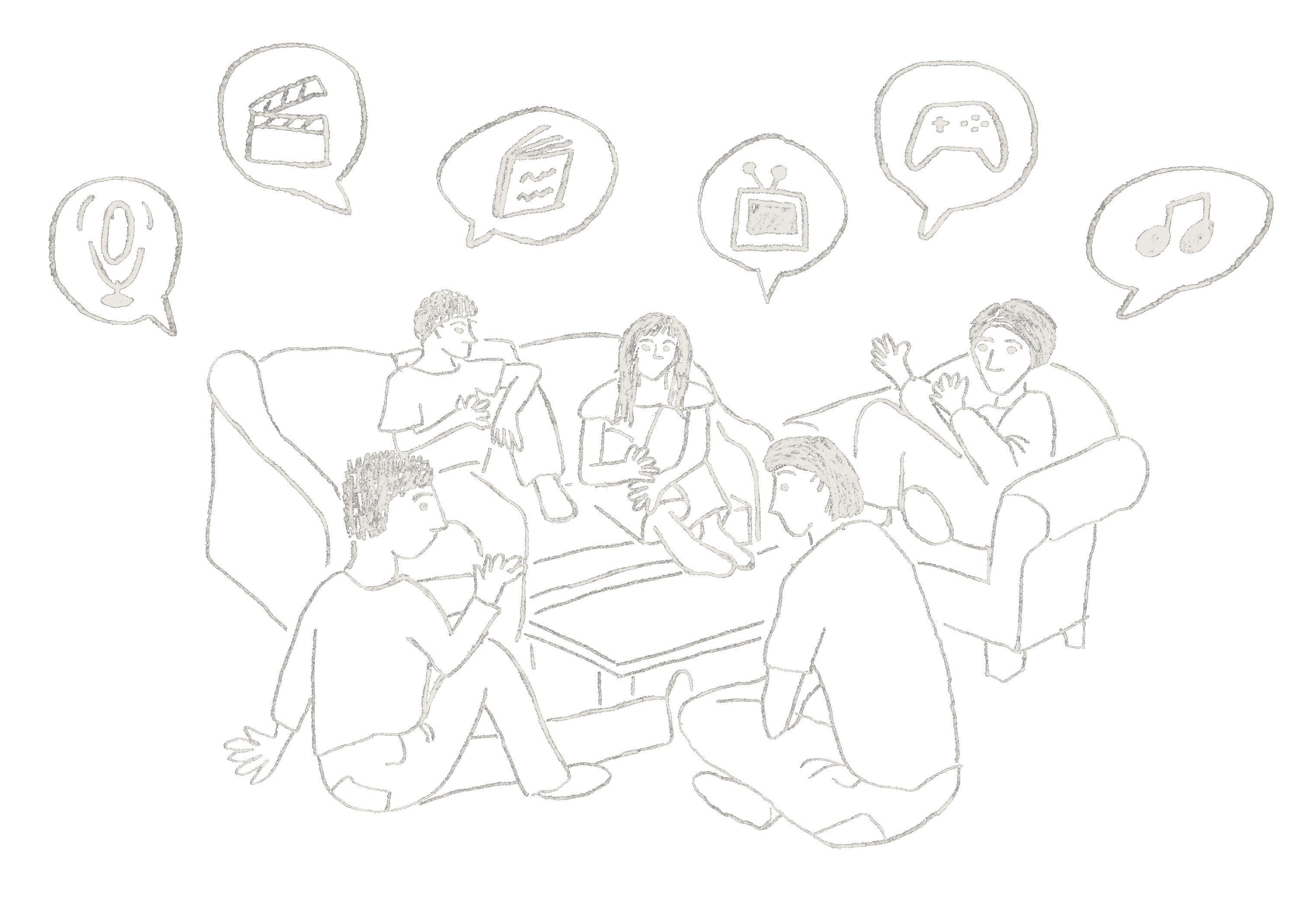 A group of friends on a couch talking about movies, shows, books and games